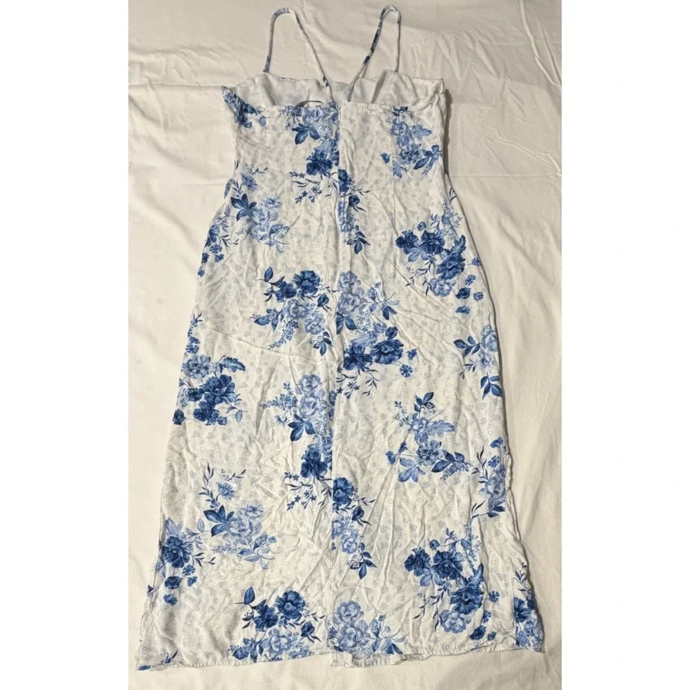 Zara Blue White‎ Floral Midi Dress Cutout Front Slit XL Toile Print Smocked Back - Picture 2 of 6